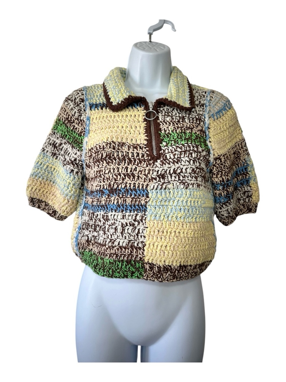 SEA NY Women’s Yellow Multicolor Paige Crochet Knit Polo 1/4 Zip Sweater- Small